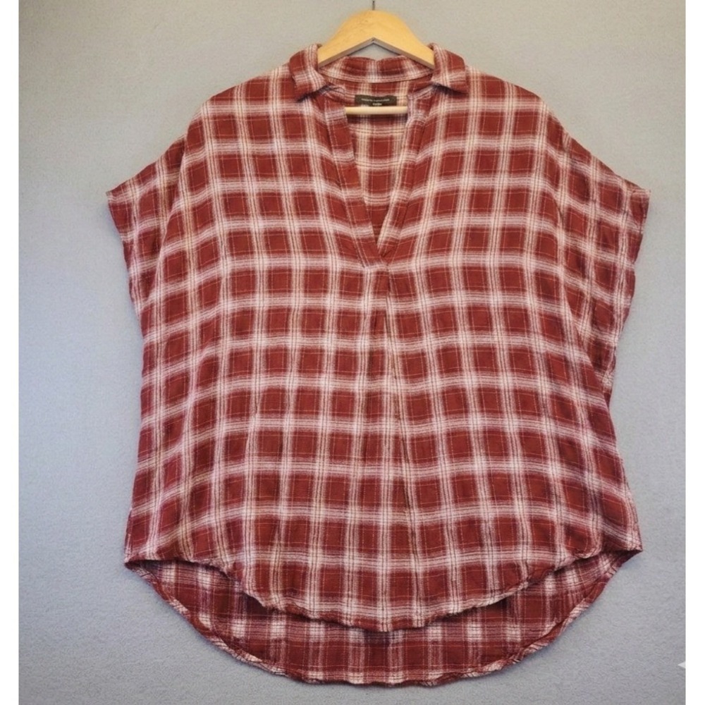 French Connection Plaid Tunic Top Womens Large Burgundy Red V-Neck Oversized L
